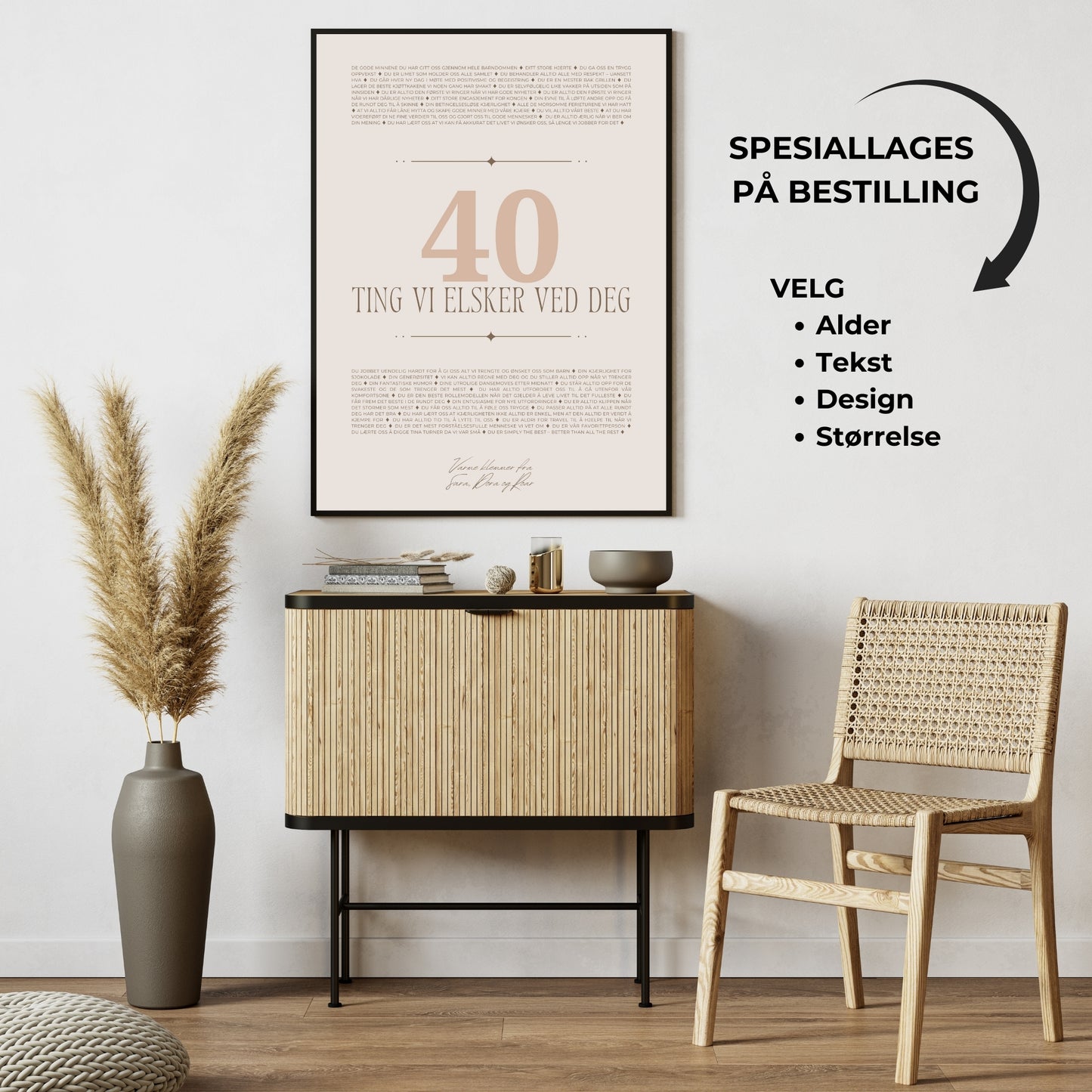 Personlig gave plakat med tekst i svart ramme